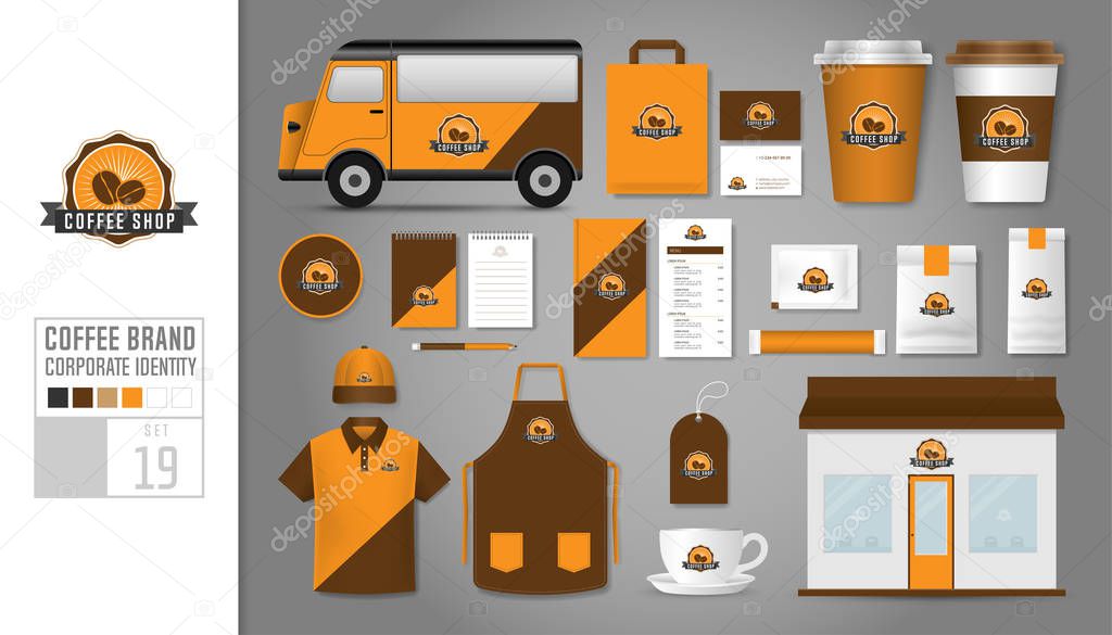 Corporate identity template Set 19. Logo concept for coffee shop, cafe, restaurant. Realistic mock up template set of store, car, polo shirt, apron, cap, cup, menu, package