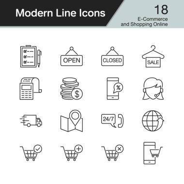 E-ticaret ve online simgeleri alışveriş. Modern içini kaplamak çizmek 18 ayarlamak. Tanıtım, grafik tasarım, mobil uygulama, web tasarım, infographics için. Vektör çizim.