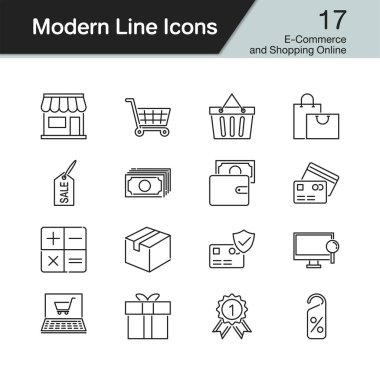 E-ticaret ve online simgeleri alışveriş. Çağdaş çizgi tasarım 17 ayarlayın. Tanıtım, grafik tasarım, mobil uygulama, web tasarım, infographics için. Vektör çizim.