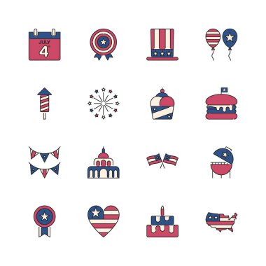 4 Temmuz, bağımsızlık günü ikonları. Modern doğrusal renk tasarımı seti. Sunum için, grafik tasarımı, mobil uygulama, web tasarımı, bilgi grafikleri. Vektör illüstrasyonu.