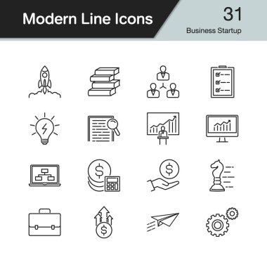İş başlangıç simgeleri. Modern çizgili Tema 31 ayarlayın. Tanıtım, grafik tasarım, mobil uygulama, web tasarım, infographics için. Vektör çizim.