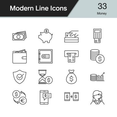 Para simgeler. Modern çizgili Tema 33 ayarlayın. Tanıtım, grafik tasarım, mobil uygulama, web tasarım, infographics için. Vektör çizim.
