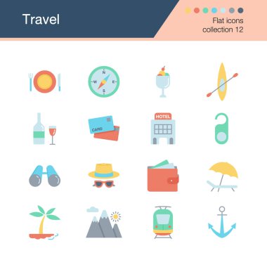 Seyahat ikonları. Düz tasarım koleksiyonu 12. Sunum için, grafik tasarımı, mobil uygulama, web tasarımı, bilgi grafikleri. Vektör illüstrasyonu.