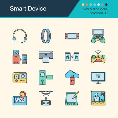 Akıllı aygıt simgelerini. Doldurulmuş anahat tasarım koleksiyonu 30. Tanıtım, grafik tasarım, mobil uygulama, web tasarım, infographics için. Vektör çizim.