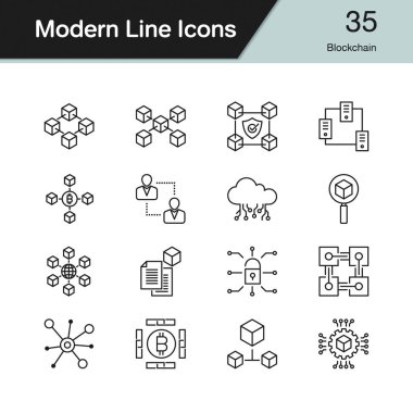 Blockchain simgeler. Modern çizgili Tema 35 ayarlayın. Tanıtım, grafik tasarım, mobil uygulama, web tasarım, infographics için. Vektör çizim.