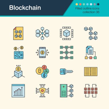 Blockchain simgeler. Doldurulmuş anahat tasarım koleksiyonu 36. Tanıtım, grafik tasarım, mobil uygulama, web tasarım, infographics için. Vektör çizim.