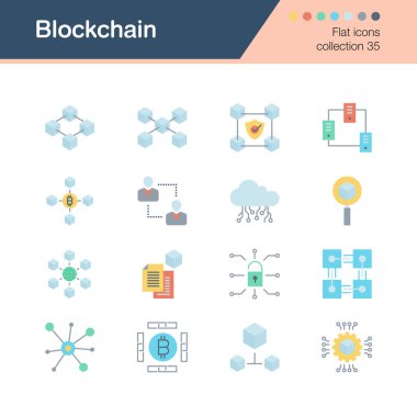 Blockchain simgeler. Düz tasarım koleksiyonu 35. Tanıtım, grafik tasarım, mobil uygulama, web tasarım, infographics için. Vektör çizim.