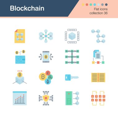 Blockchain simgeler. Düz tasarım koleksiyonu 36. Tanıtım, grafik tasarım, mobil uygulama, web tasarım, infographics için. Vektör çizim.