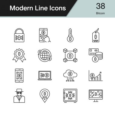 Bitcoin simgeler. Modern çizgili Tema 38 ayarlayın. Tanıtım, grafik tasarım, mobil uygulama, web tasarım, infographics için. Vektör çizim.