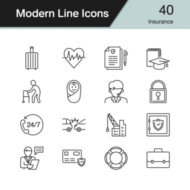 Sigorta simgeler. Çağdaş çizgi tasarım 40 ayarlayın. Tanıtım, grafik tasarım, mobil uygulama, web tasarım, infographics için. Vektör çizim.
