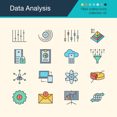 Veri çözümleme simgeleri. Doldurulmuş anahat tasarım collection42. Tanıtım, grafik tasarım, mobil uygulama, web tasarım, infographics için. Vektör çizim.