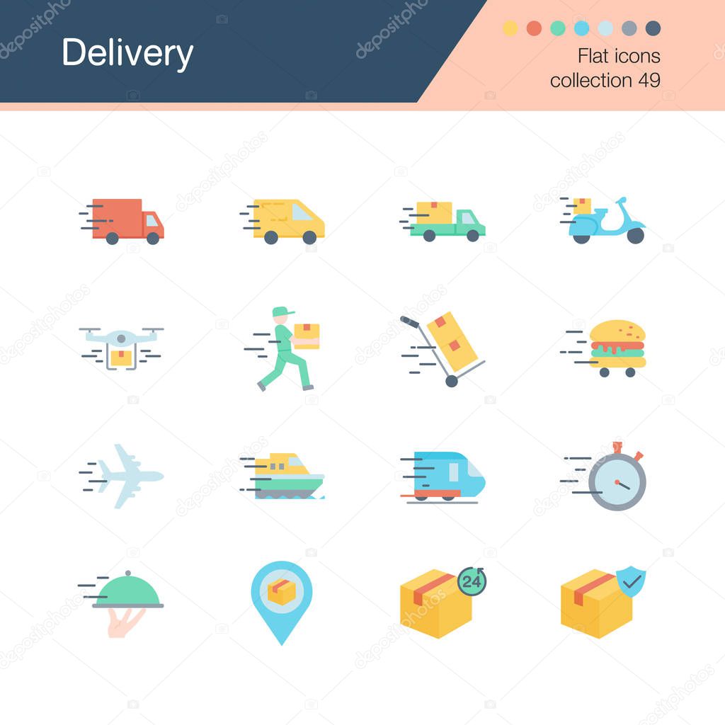 Delivery icons. Flat design collection 49. For presentation, graphic design, mobile application, web design, infographics. Vector illustration.