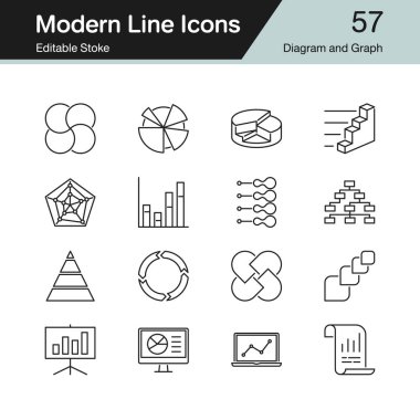 Diyagram ve grafik simgeler. Modern çizgili Tema 57 ayarlayın. Tanıtım, grafik tasarım, mobil uygulama, web tasarım, infographics için. Düzenlenebilir inme. Vektör çizim.