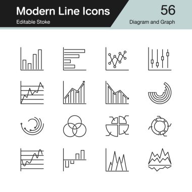 Diyagram ve grafik simgeler. Modern çizgili Tema 56 ayarlayın. Tanıtım, grafik tasarım, mobil uygulama, web tasarım, infographics için. Düzenlenebilir inme. Vektör çizim.