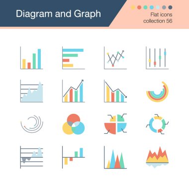 Diyagram ve grafik simgeler. Düz tasarım koleksiyonu 56. Tanıtım, grafik tasarım, mobil uygulama, web tasarım, infographics için. Vektör çizim.