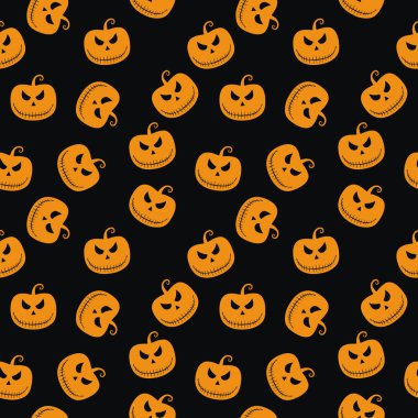 Siyah arka planda korkunç bakışlı balkabağı desenli kusursuz bir Cadılar Bayramı. Arkaplan, duvar kağıdı ya da hediye paketi için tasarım. Vektör illüstrasyonu.