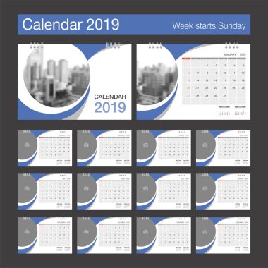 2019 takvim. Resepsiyon takvim modern tasarım şablonu ile fotoğraf için bir yer. Haftası Pazar günü başlar. A5 veya A4 kağıt boyutu. Vektör çizim.