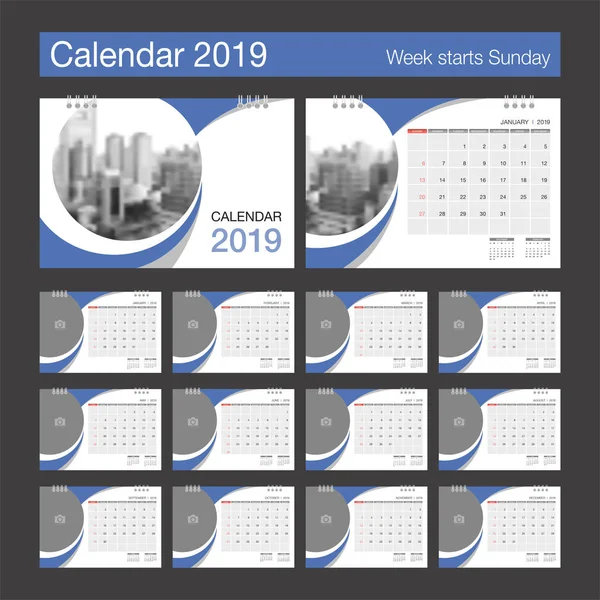 2019 takvim. Resepsiyon takvim modern tasarım şablonu ile fotoğraf için bir yer. Haftası Pazar günü başlar. A5 veya A4 kağıt boyutu. Vektör çizim.