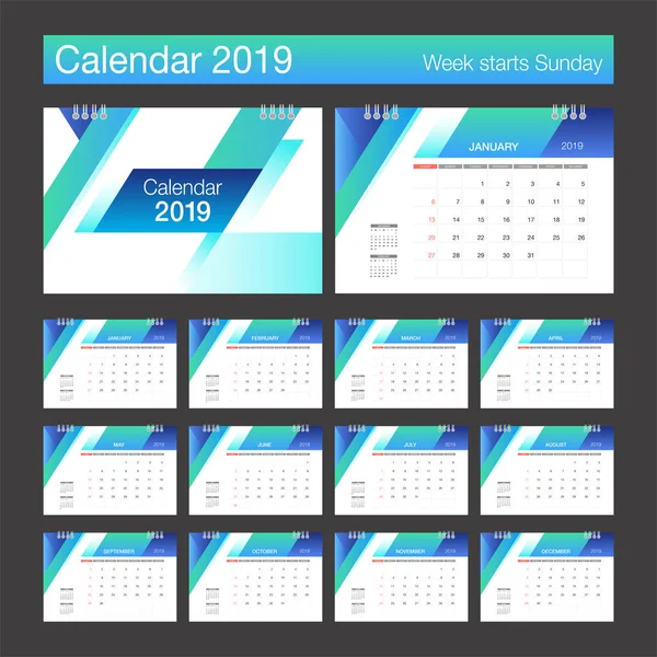Календарь 2019 Года Современный Шаблон Дизайна Настольного Календаря Неделя Начинается — стоковый вектор