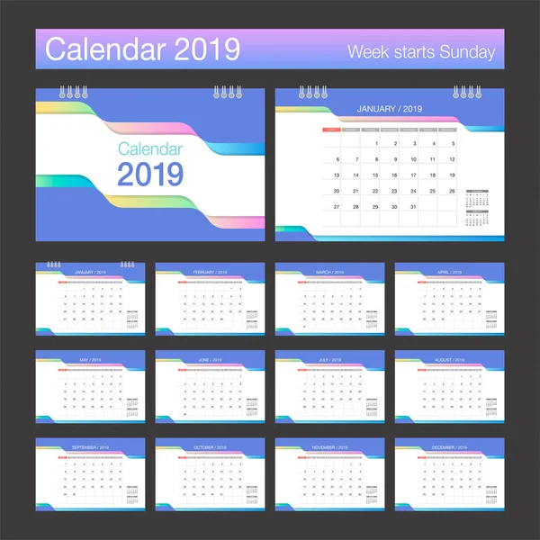 Calendário 2019 Desk Calendar Modelo Design Moderno Semana Começa Domingo — Vetor de Stock