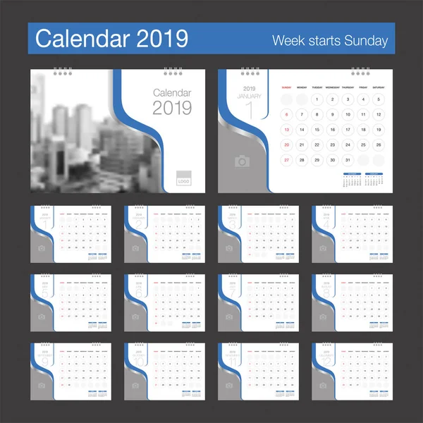 Calendário 2019 Desk Calendar Modelo Design Moderno Com Lugar Para — Vetor de Stock