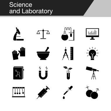 Bilim ve laboratuvar simgeler. Tanıtım, grafik tasarım, mobil uygulama, web tasarım, infographics için tasarım. Vektör çizim.