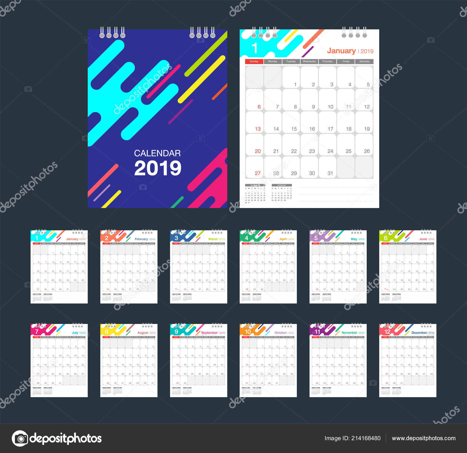 19 Colorful Calendar Desk Calendar Modern Design Template Week Starts Stock Vector Image By C Koson Photo Gmail Com