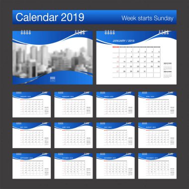 2019 takvim. Resepsiyon takvim modern tasarım şablonu ile fotoğraf için bir yer. Haftası Pazar günü başlar. A5 veya A4 kağıt boyutu. Vektör çizim.