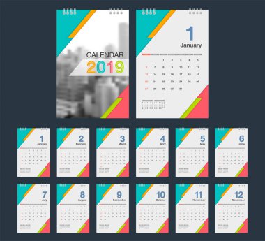 2019 takvim. Resepsiyon takvim modern tasarım şablonu ile fotoğraf için bir yer. Haftası Pazar günü başlar. A5 veya A4 kağıt boyutu. Vektör çizim.