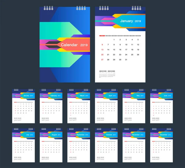 2019 Барвистий Календар Десктопний Календар Сучасний Шаблон Дизайну Тиждень Починається — стоковий вектор