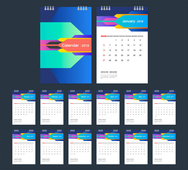 2019 Colorful Calendar. Desk Calendar modern design template. Week starts Sunday. A5 or A4 paper size. Vector illustration.