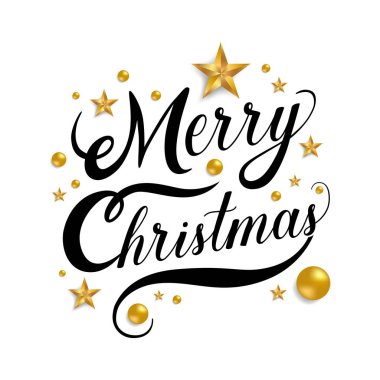 Altın yıldız ve beyaz arka plan üzerinde top yazı neşeli Noel elle çizilmiş. Vektör çizim.