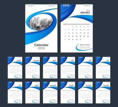 2019 takvim. Resepsiyon takvim modern tasarım şablonu ile fotoğraf için bir yer. Haftası Pazar günü başlar. A5 veya A4 kağıt boyutu. Vektör çizim.