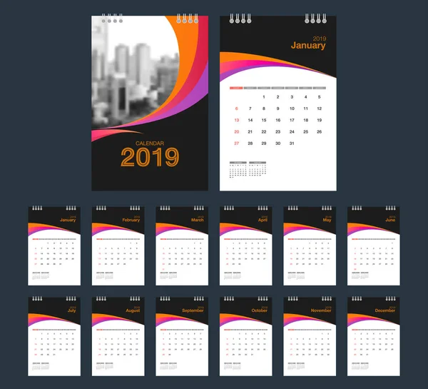 Календарь 2019 Года Календарь Рабочего Стола Современный Шаблон Дизайна Местом — стоковый вектор