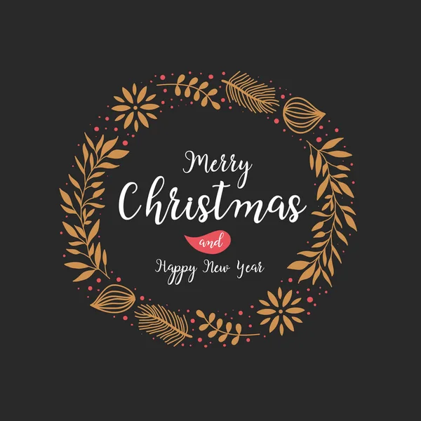 Noel ve yeni yıl tebrik veya davetiye kartı. Noel çelenk dekorasyonu ile tasarım yazı. Vektör çizim.