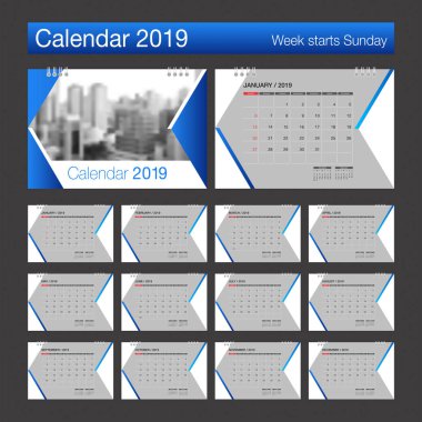 2019 takvim. Resepsiyon takvim modern tasarım şablonu. Haftası Pazar günü başlar. A5 veya A4 kağıt boyutu. Vektör çizim.