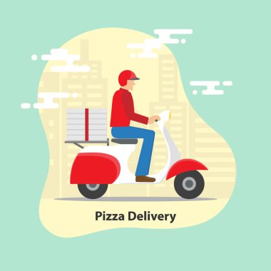 Pizza teslim kavramı. Şehir arka plan üzerinde pizza kutuları ile teslim scooter motosiklet. Vektör çizim.