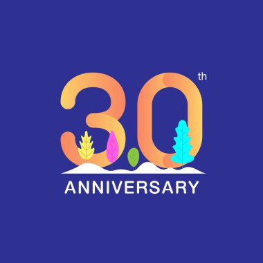 30 years anniversary celebration logotype. Multicolor number with modern leaf and snow background. Design for booklet, leaflet, magazine, brochure, poster, web, invitation or greeting card. Vector illustration.  clipart
