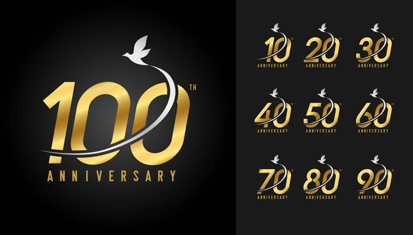 Conjunto Logotipo Aniversario Celebración Del Aniversario Oro Con Ave Voladora — Vector de stock