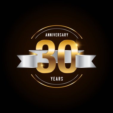 30. yıl dönümü kutlaması logosu. Kurdeleli altın yıldönümü amblemi. Broşür, broşür, dergi, broşür, poster, web, davetiye ya da tebrik kartı için tasarım. Vektör illüstrasyonu. 