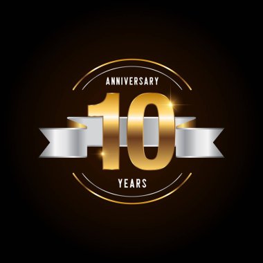 10. yıl dönümü kutlaması logosu. Kurdeleli altın yıldönümü amblemi. Broşür, broşür, dergi, broşür, poster, web, davetiye ya da tebrik kartı için tasarım. Vektör illüstrasyonu. 