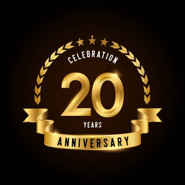 20. yıl dönümü kutlaması logosu. Kurdeleli altın yıldönümü amblemi. Broşür, broşür, dergi, broşür, poster, web, davetiye ya da tebrik kartı için tasarım. Vektör illüstrasyonu. 