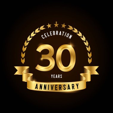 30. yıl dönümü kutlaması logosu. Kurdeleli altın yıldönümü amblemi. Broşür, broşür, dergi, broşür, poster, web, davetiye ya da tebrik kartı için tasarım. Vektör illüstrasyonu. 