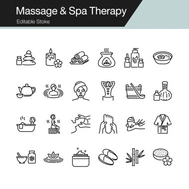 Masaj ve Spa Terapisi ikonları. Modern çizgi tasarımı. Sunum için, grafik tasarımı, mobil uygulama, web tasarımı, bilgi grafikleri, UI. Düzenlenebilir Vuruş. Vektör illüstrasyonu.