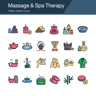 Masaj ve Spa Terapisi ikonları. Tasarımı tamamlanmış. Sunum için, grafik tasarımı, mobil uygulama, web tasarımı, bilgi grafikleri, UI. Düzenlenebilir Vuruş. Vektör illüstrasyonu.
