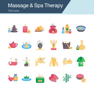 Masaj ve Spa Terapisi ikonları. Düz dizayn. Sunum için, grafik tasarımı, mobil uygulama, web tasarımı, bilgi grafikleri, UI. Düzenlenebilir Vuruş. Vektör illüstrasyonu.