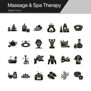 Masaj ve Spa terapi simgeler. Glif tasarım. Sunuda, g