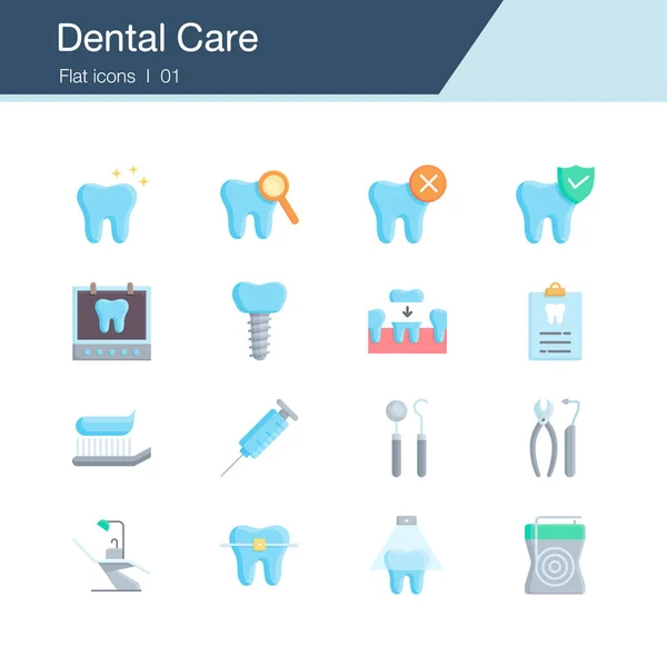 Iconos de atención dental, prevención, control y tratamiento dental. Diseño plano . — Archivo Imágenes Vectoriales