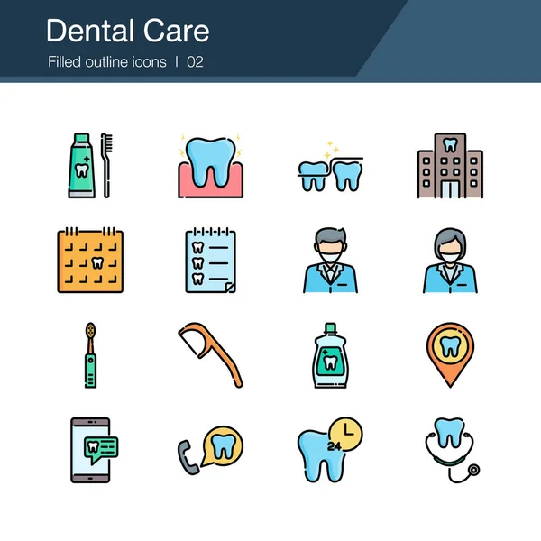 Iconos de atención dental, prevención, control y tratamiento dental. Diseño de contorno rellenado . — Archivo Imágenes Vectoriales