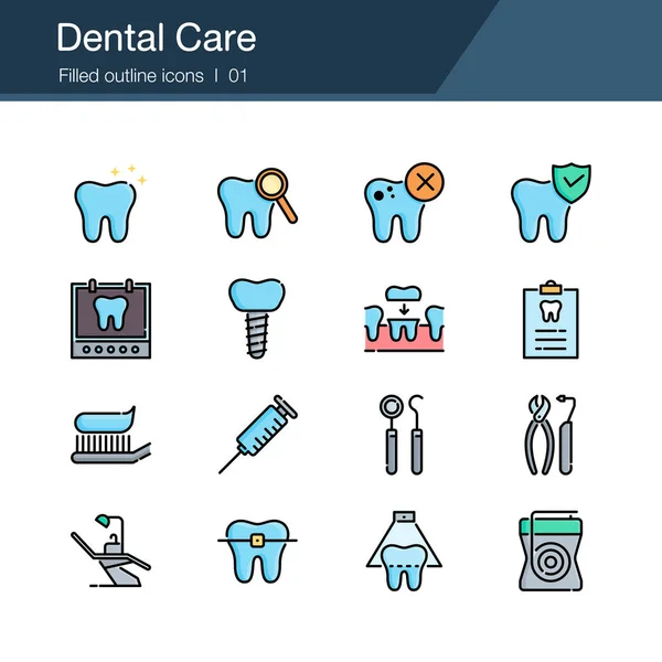 Iconos de atención dental, prevención, control y tratamiento dental. Diseño de contorno rellenado . — Archivo Imágenes Vectoriales